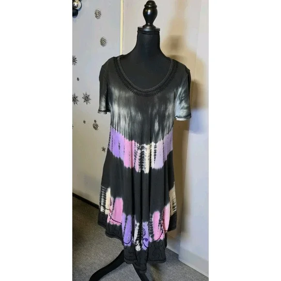 India Boutique Dresses | India Boutique Black Tie-Dye Embroidered Sun Dress Free Size Hippie/ Boho/ Fest | Color: Black | Size: Free Size |